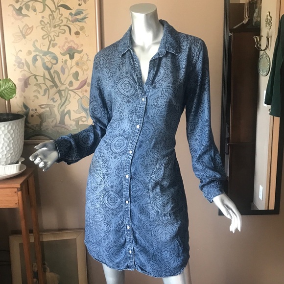 Cloth & Stone Anthropologie Medallion Print Chambray Tie Waist Shirt Dress Small - Picture 6 of 16